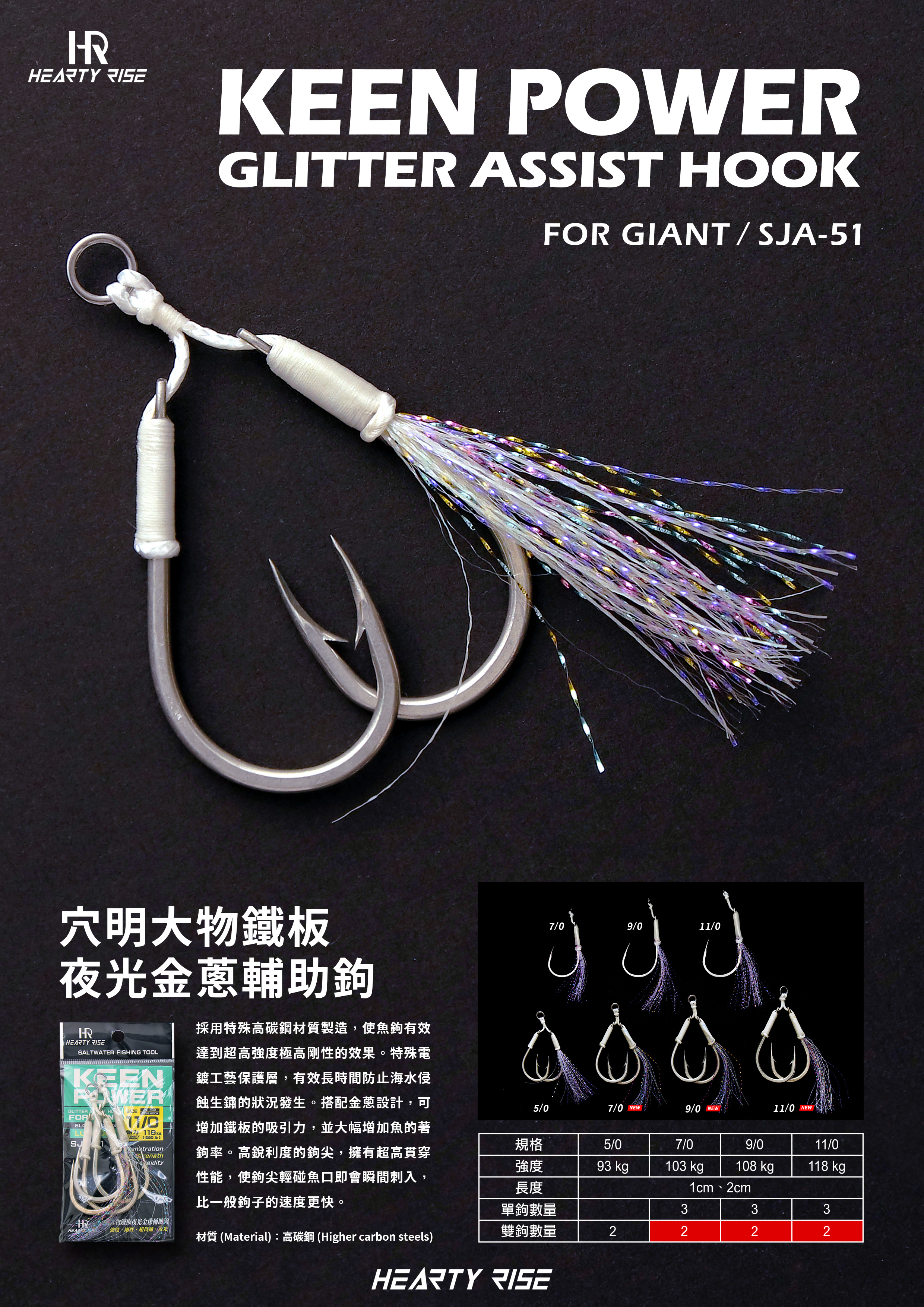 HR KEEN POWER GLITTER ASSIST HOOK FOR GIANT 穴明大物鐵板夜光金蔥輔助鉤 SJA-51 新規格 A4 POP-8